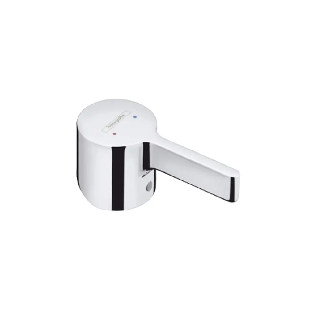 Hansgrohe Griff für einen Waschtischmischer in Chrom, runde Oberseite mit zwei Farbmarkierungen für heißes und kaltes Wasser, seitlicher Hebel zum Bedienen.